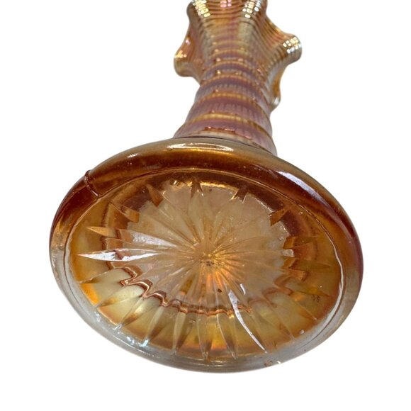 Antique Marigold Carnival Funeral Vase Ruffled Rim Glass Ribbed 10.5 Inch Tall - Picture 5 of 8